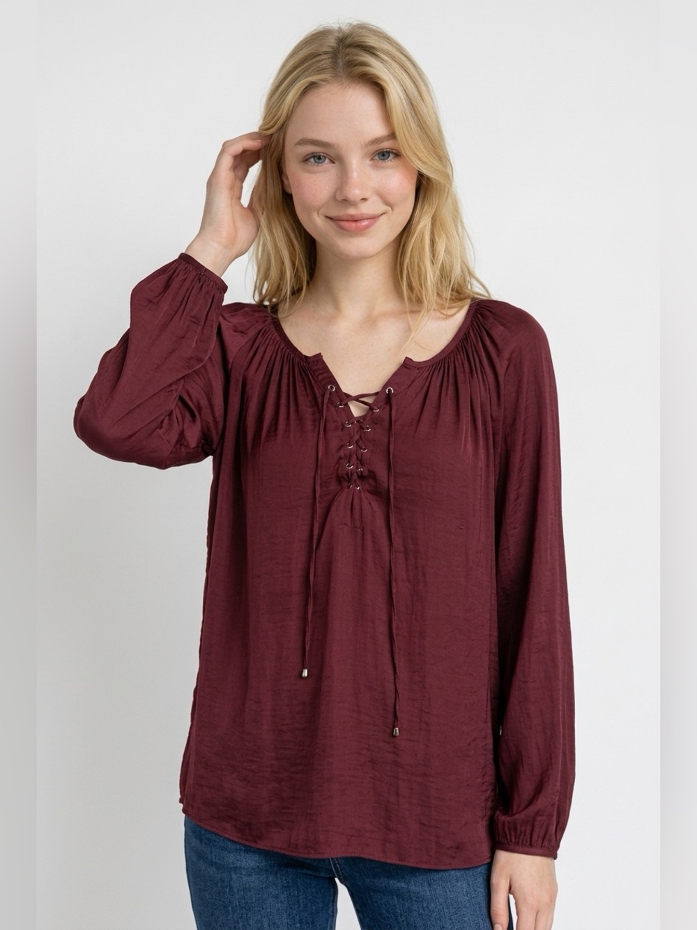 Jennifer Lopez Lace-Up Peasant Blouse in Burgundy